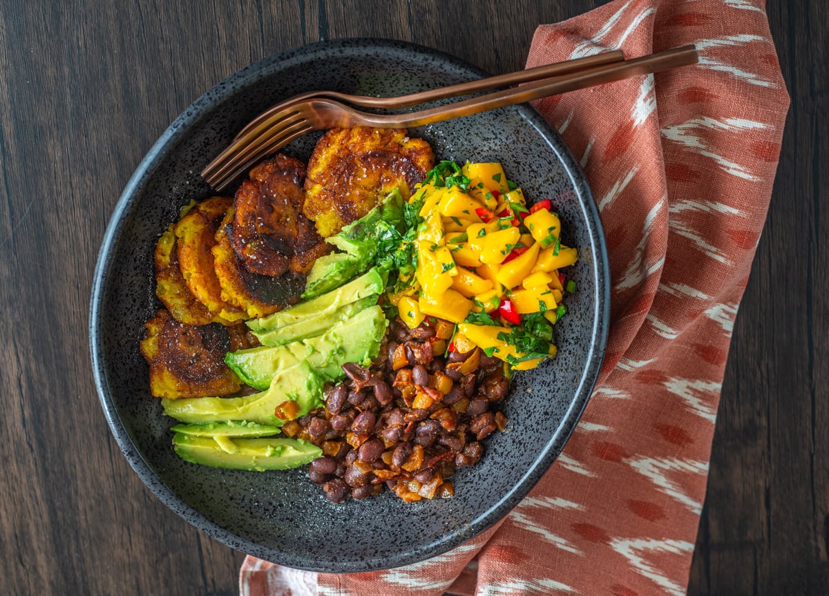 Tropical Buddha Bowl with Plantains, Black Beans, and Mango Salsa