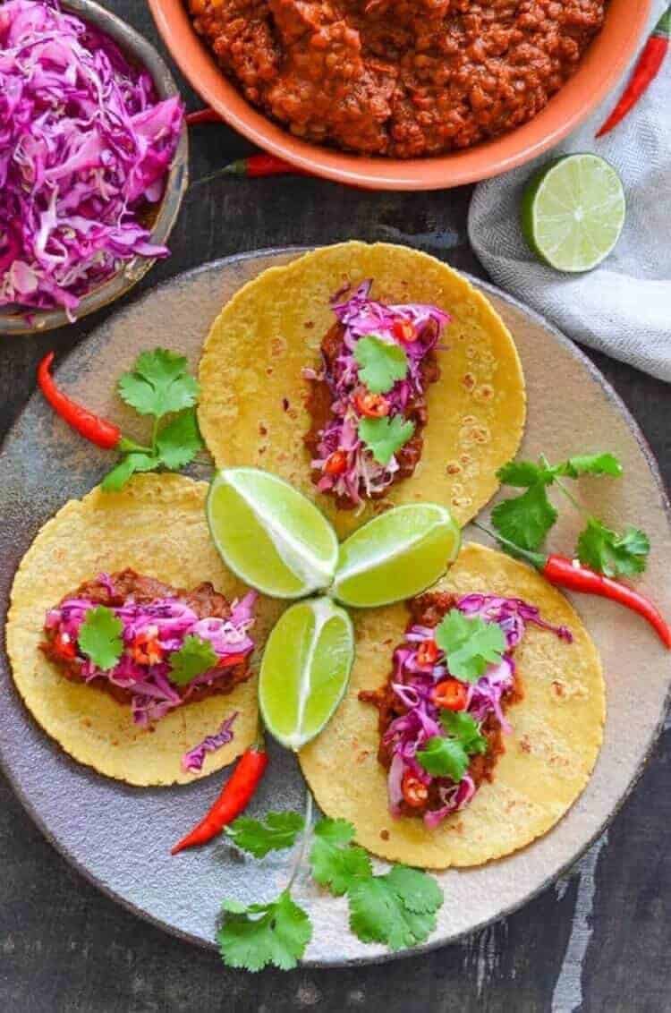 Enchilada Lentil Tacos with Lime Slaw.
