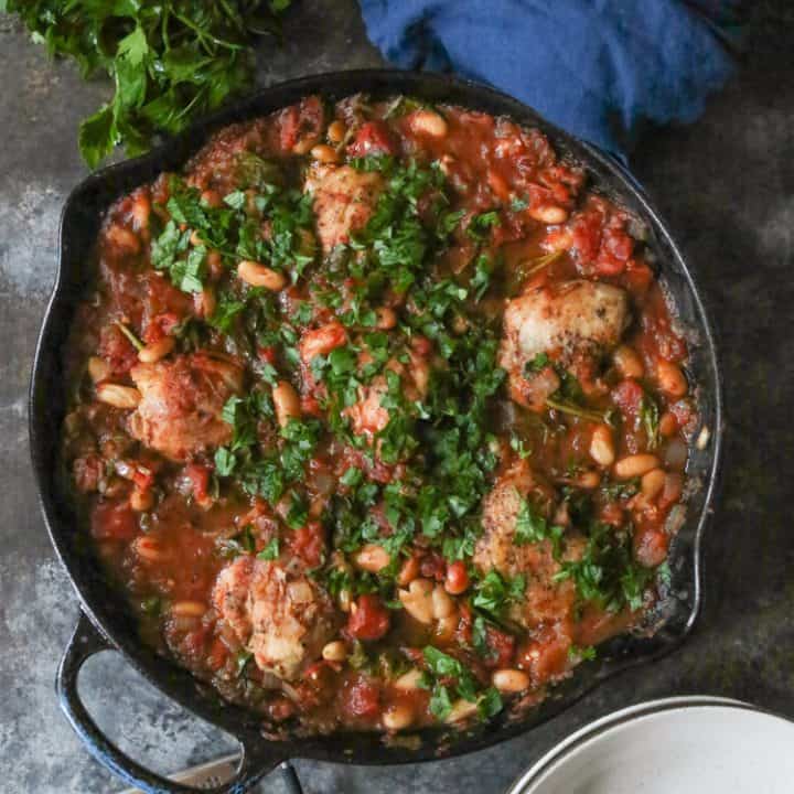 Image for One Skillet Braised Chicken Thighs with Spinach and White Beans