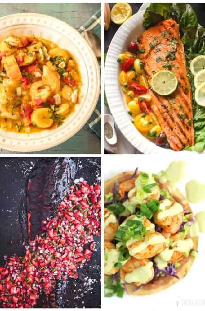 A collage of healthy Latin-inspired fish and seafood recipes for Lent.