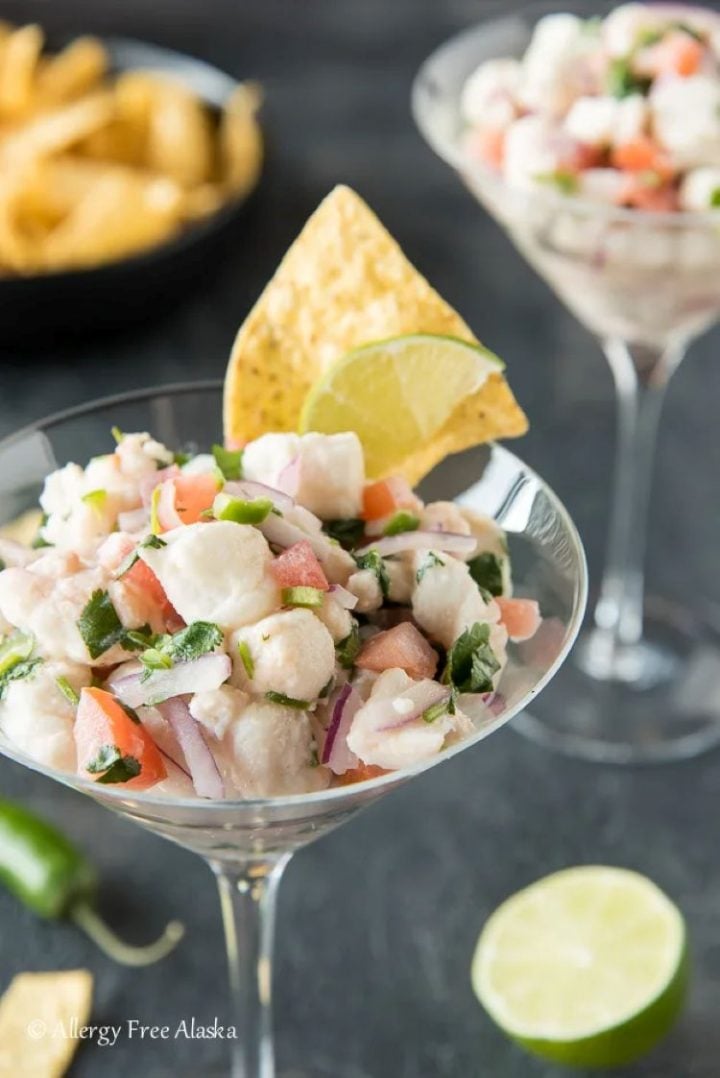 Martini glasses with halibut ceviche.