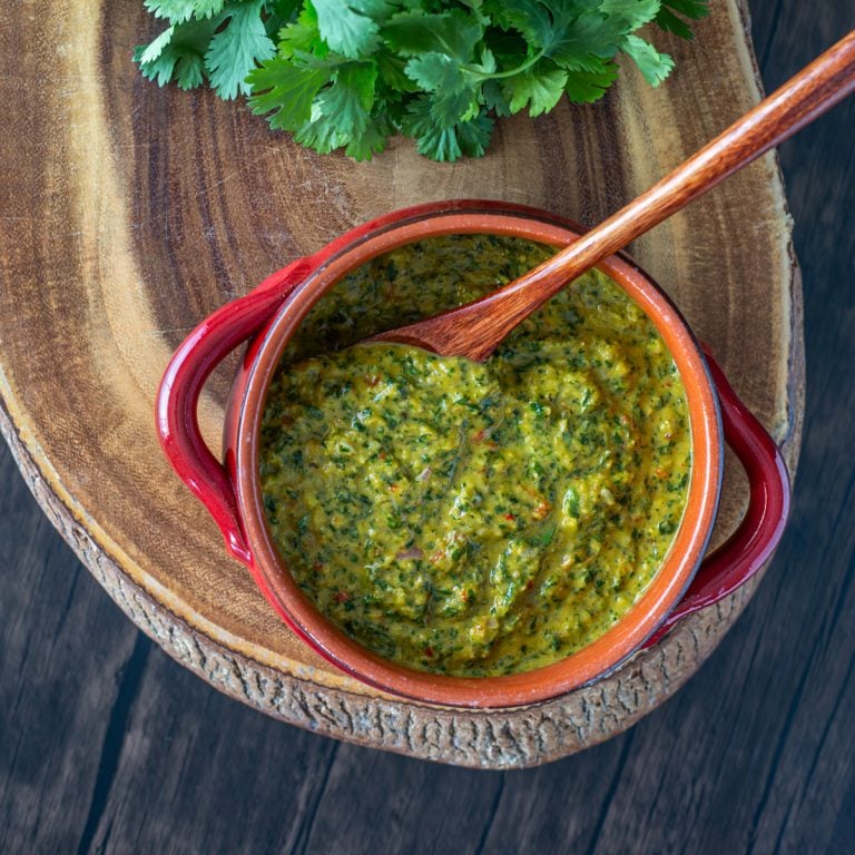 Cilantro Chimichurri in a white bowl.