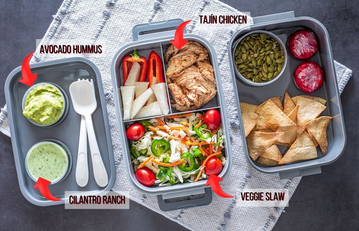 A diagram of ingredients placement for the Mexican bento box.
