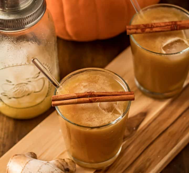 Pumpkin Kentucky Mule Birds Eye view with pumpkin and shaker.