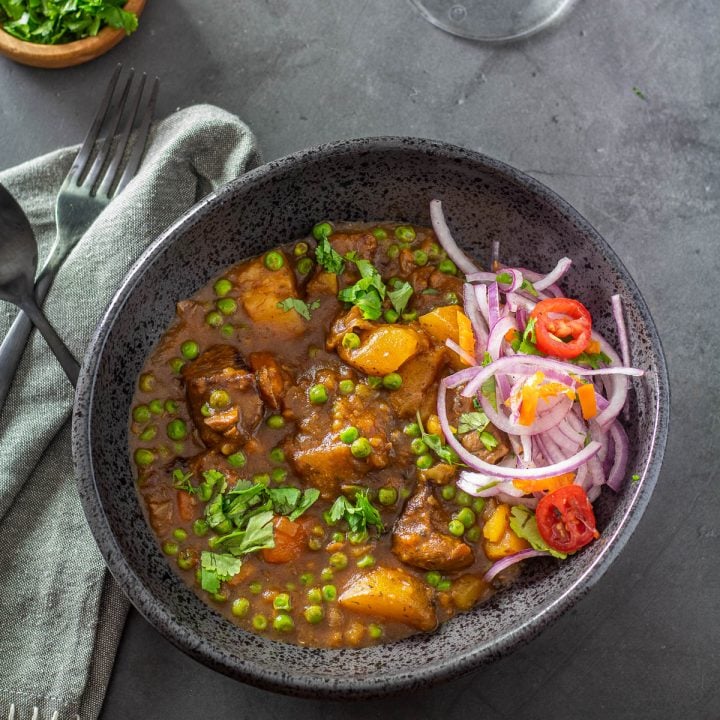 A close up of a bowl of seco de carne, salsa criolla, and a black spoon.