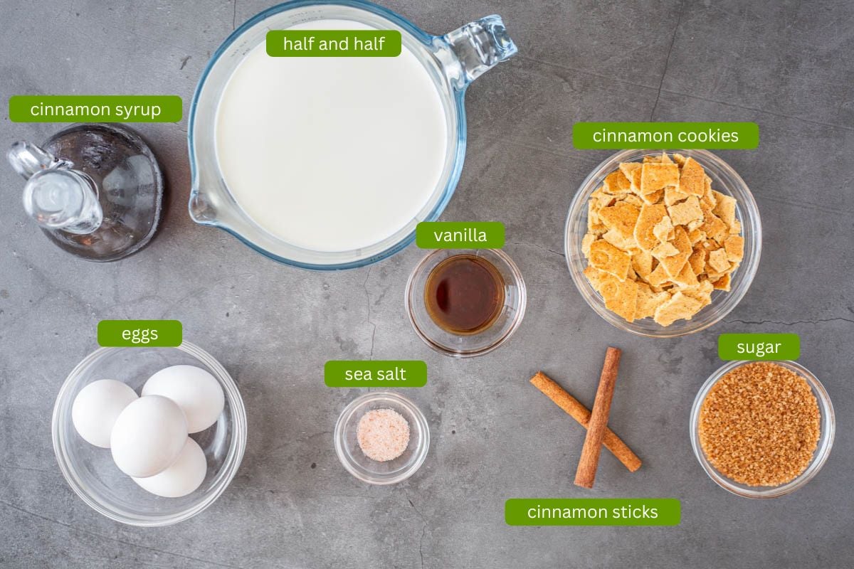 Ingredients for cinnamon ice cream including half and half, cinnamon cookies, and cinnamon syrup.