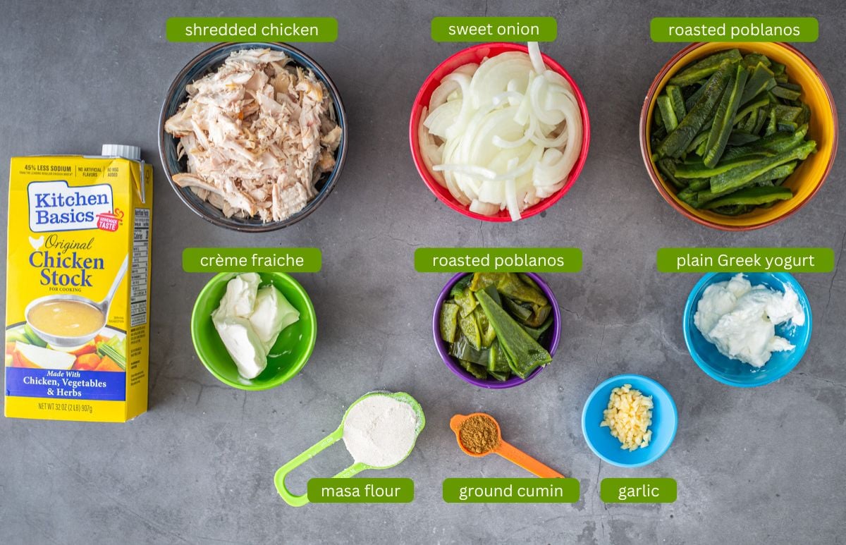 Ingredients for creamy poblano chicken including rotisserie chicken, onions, and sliced poblano strips.