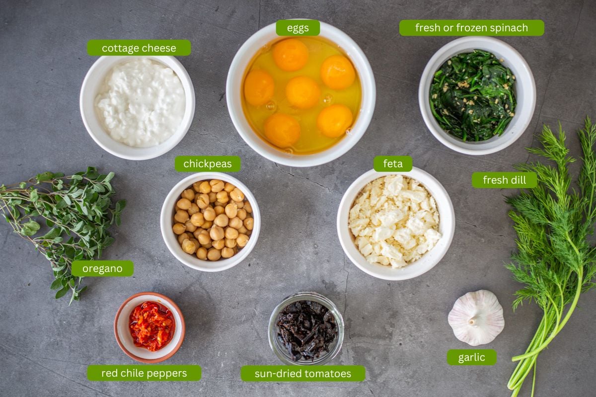 Ingredients for cottage cheese egg bites including eggs, cottage cheese, feta, spinach, and sun-dried tomatoes.