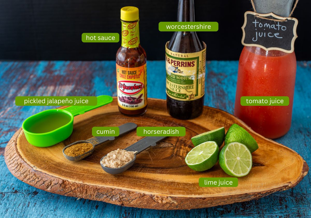 Ingredients for bloody mary mix including fresh tomato juice, chipotle hot sauce, and pickled jalape&ntilde;o juice.