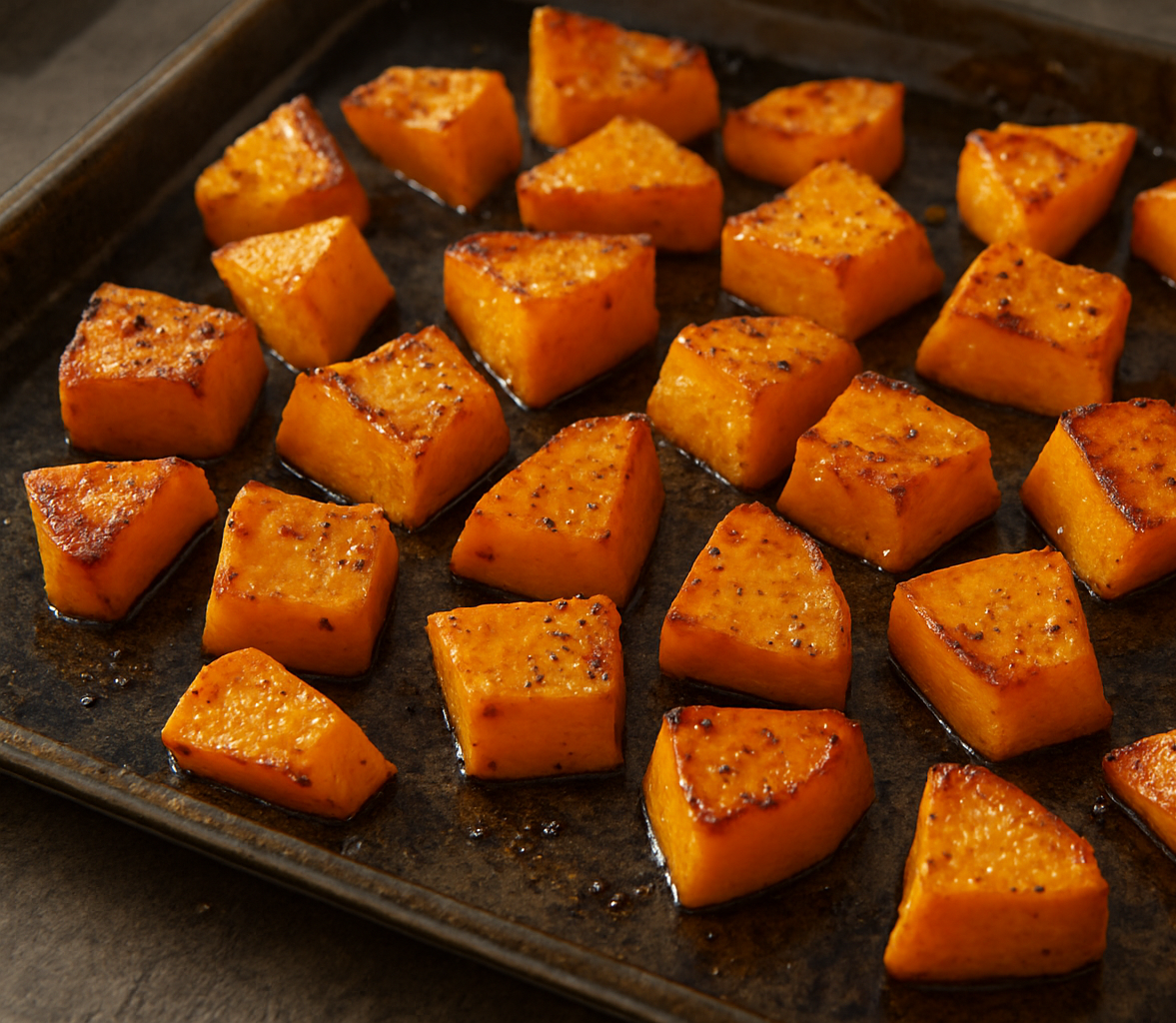 Butternut squash roasting on a pan.