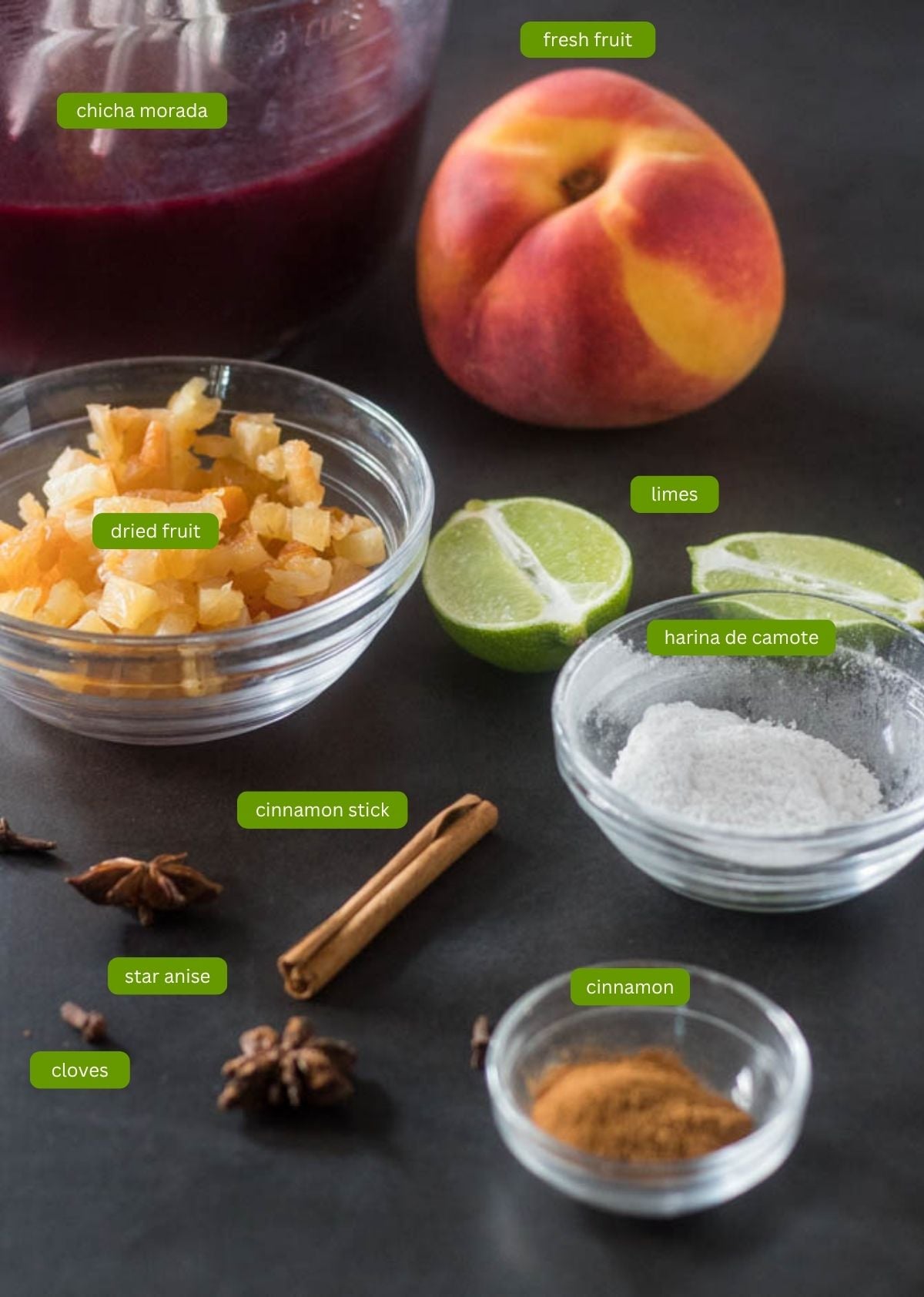 Ingredients for Mazamorra Morada including chicha morada, fruit, and spices.