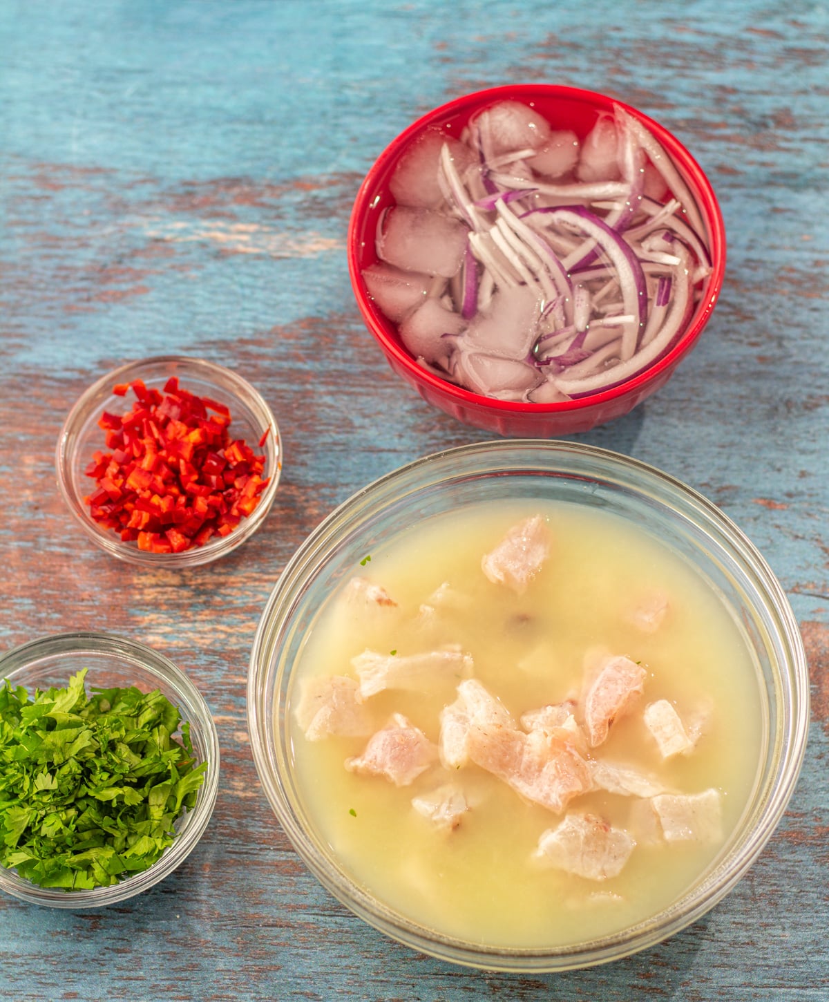 Ingredients prepped for the ceviche - thin-sliced red onion in ice water, cubed redfish in fresh lime juice, chopped cilantro, minced Fresno chile.