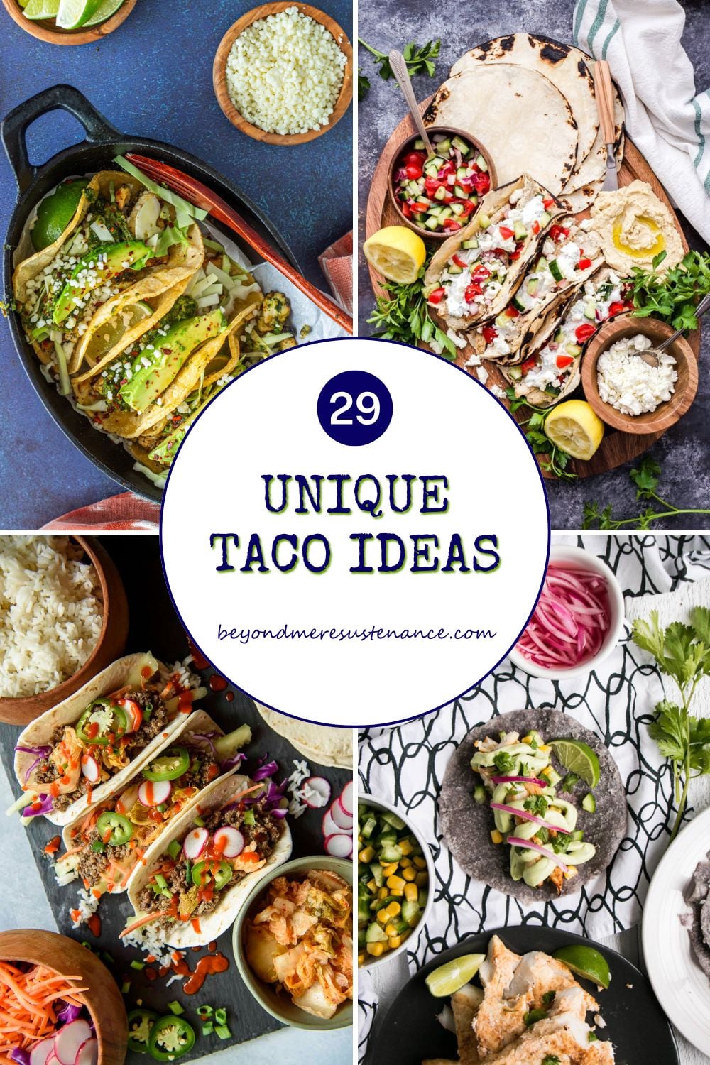 A collage of unique taco recipes.