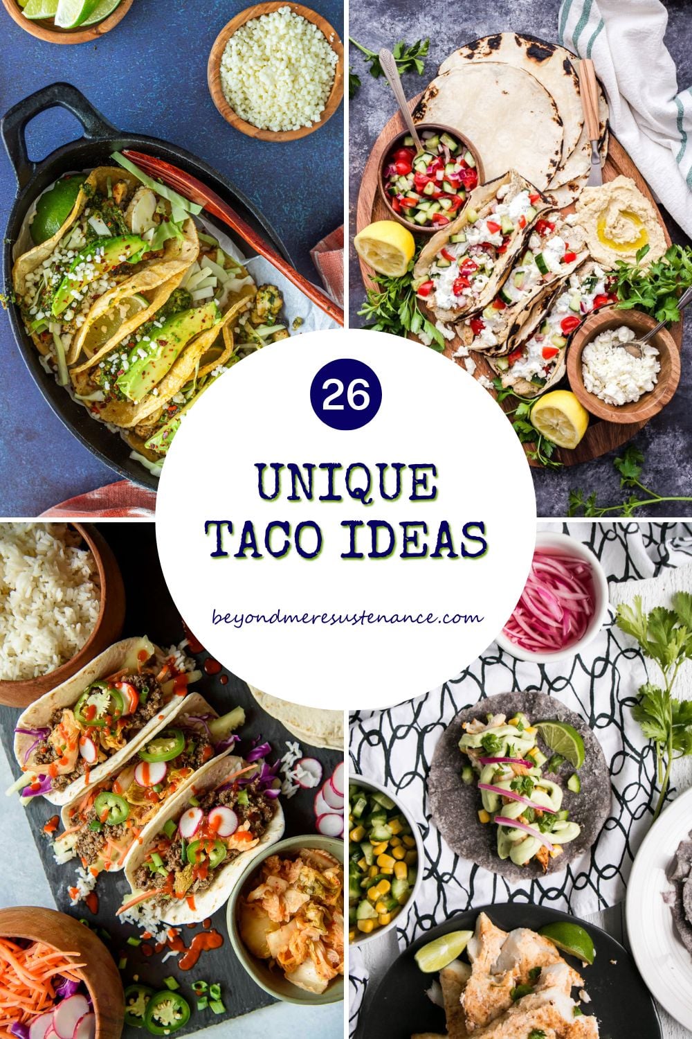 A collage of unique taco recipes.