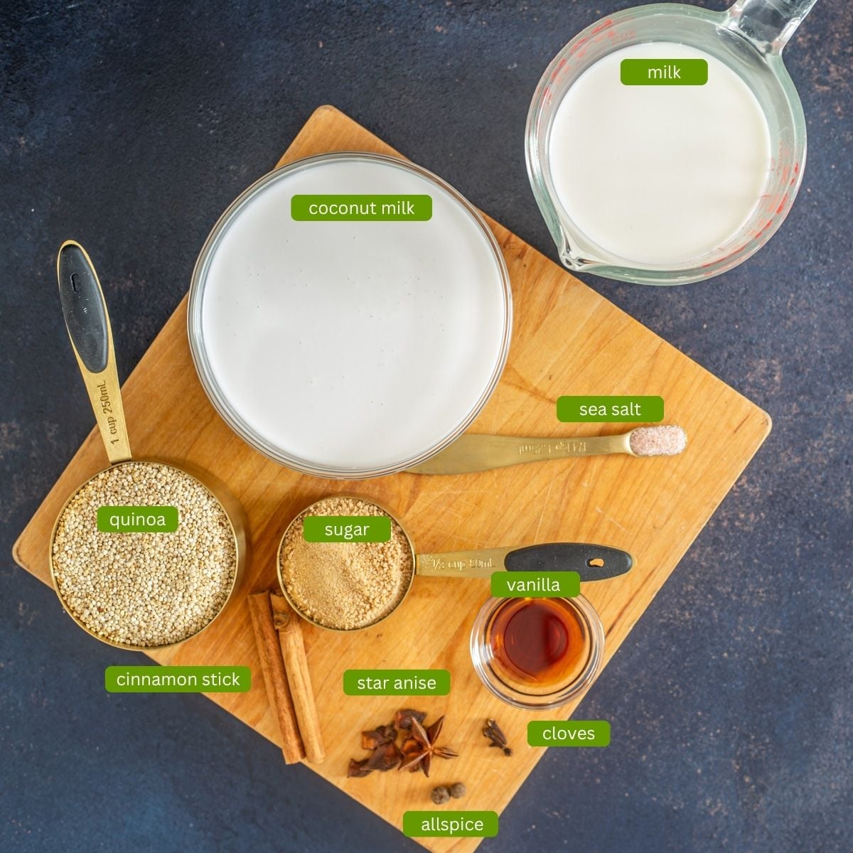 Ingredients for quinoa con leche with milk, coconut milk, quinoa, and spices.