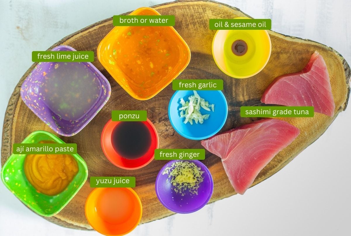 Ingredients for tiradito de at&uacute;n including ahi tuna, ponzu, and aj&iacute; amarillo paste.