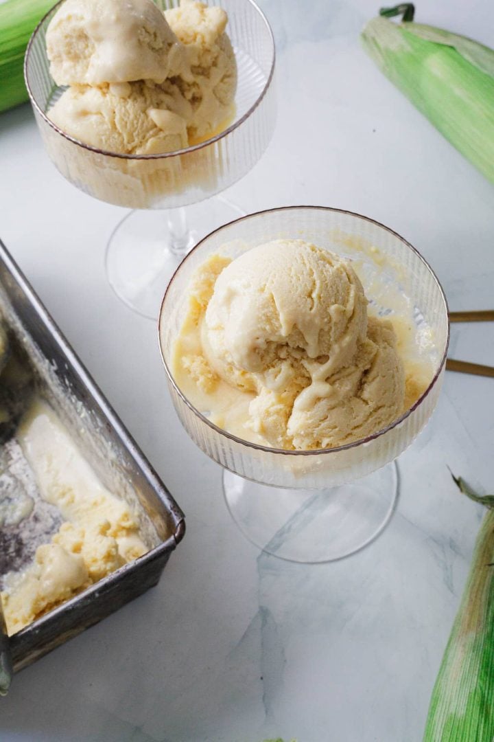 Corn custard ice cream in a glass bowl.