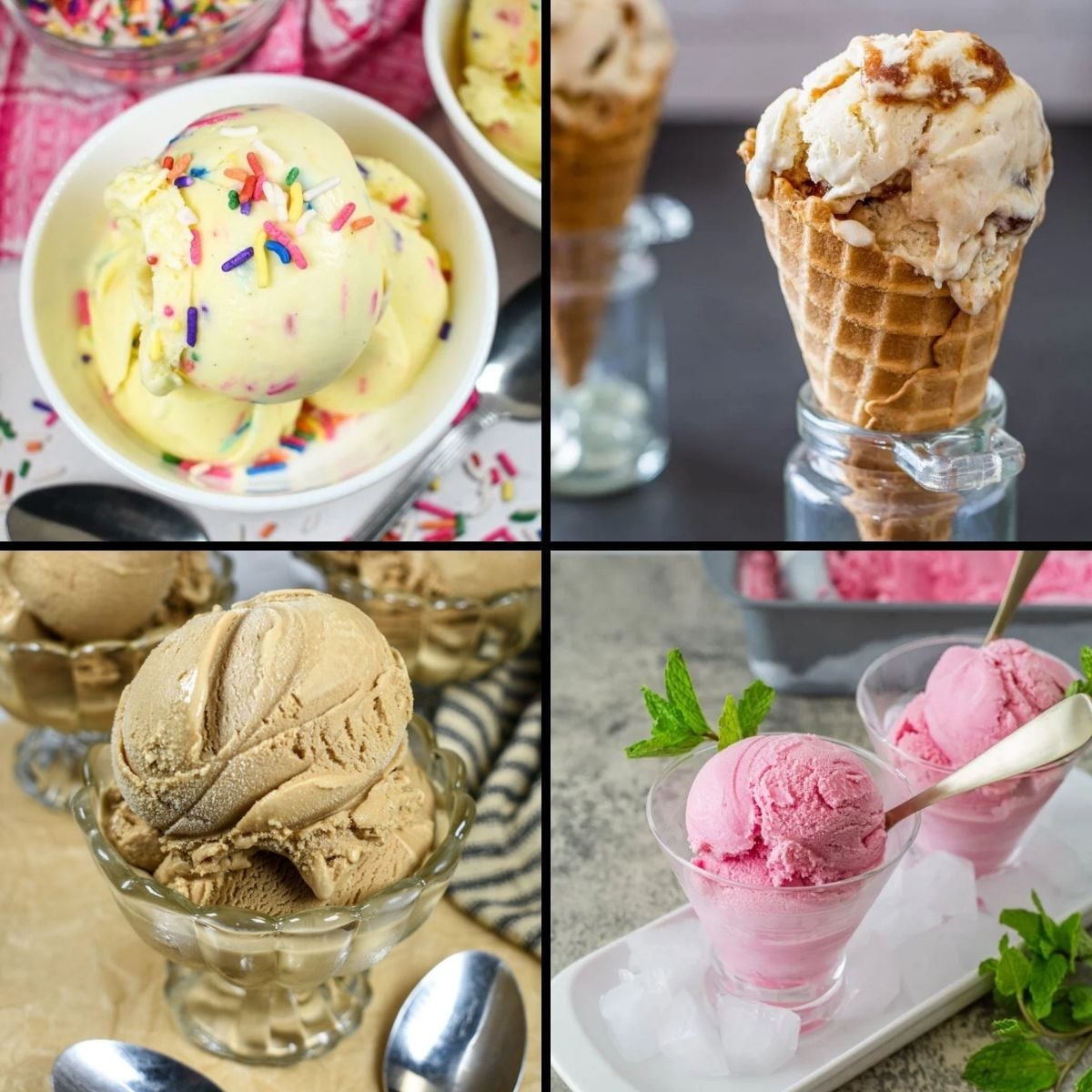 4 custard ice cream photos including birthday cake, dulce le leche, prickly pear, and coffee.