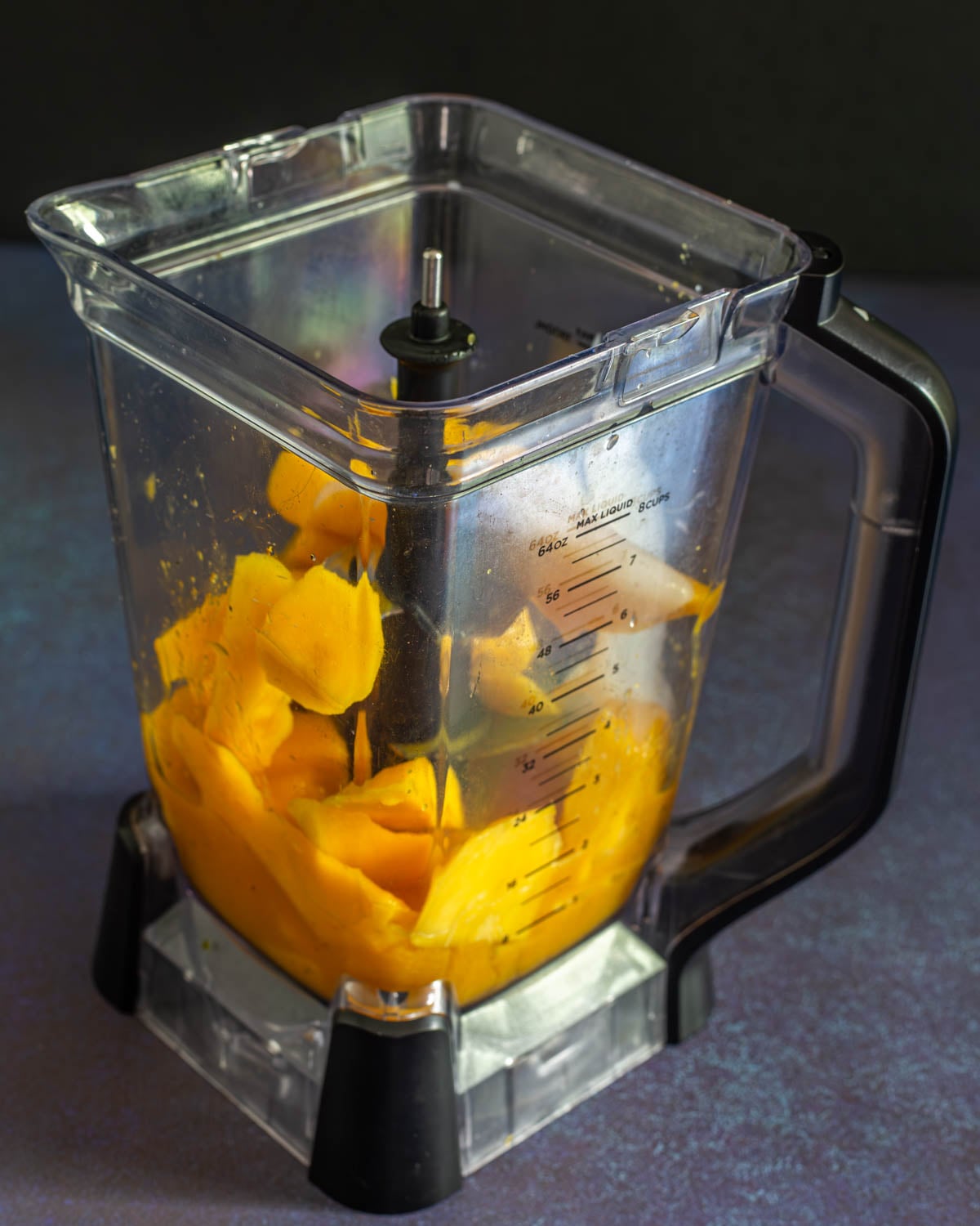All ingredients for passion fruit sorbet in a Ninja blender.
