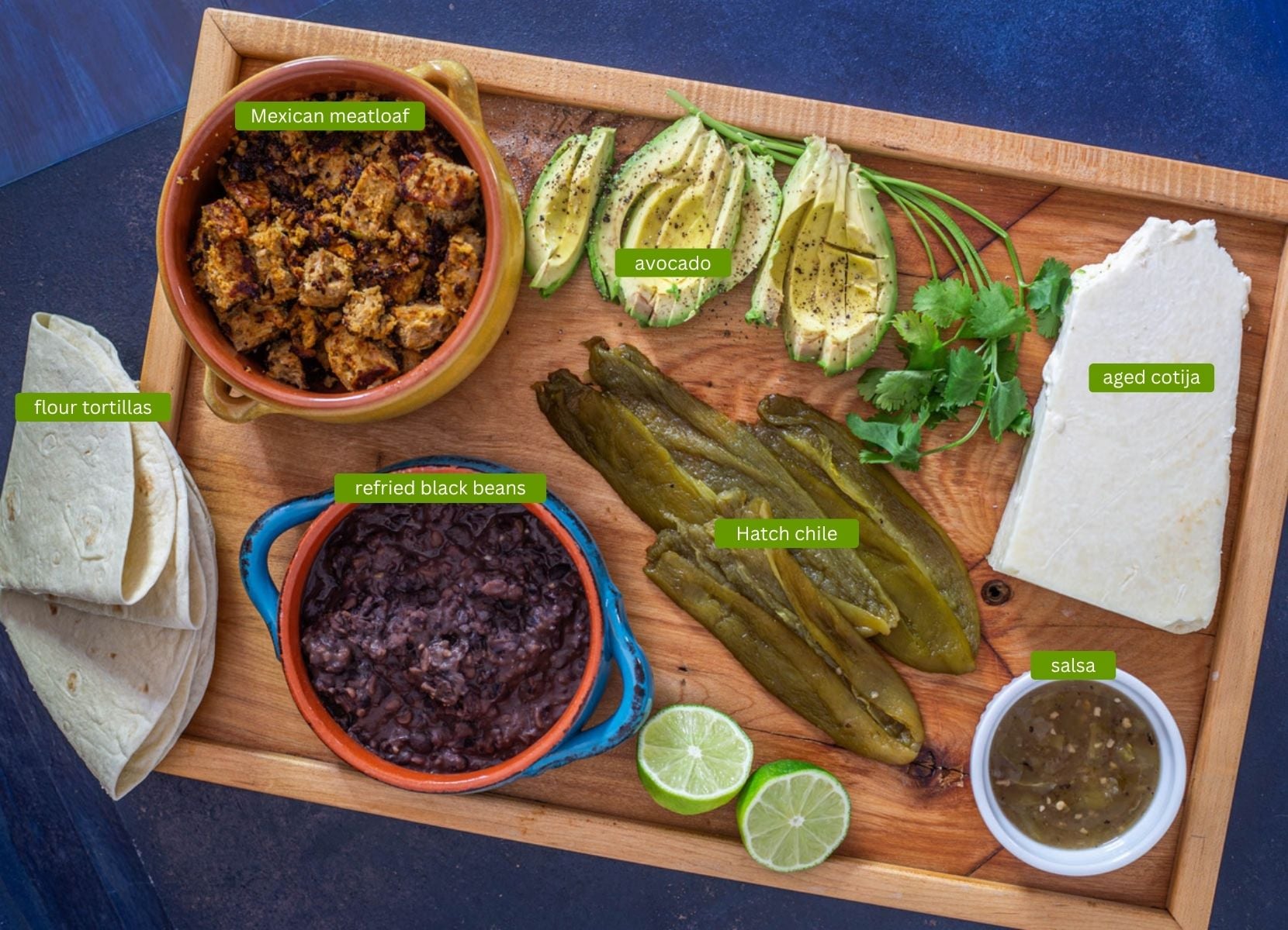Ingredients for meatloaf burritos with Hatch chile including left over meatloaf and Hatch green chile.