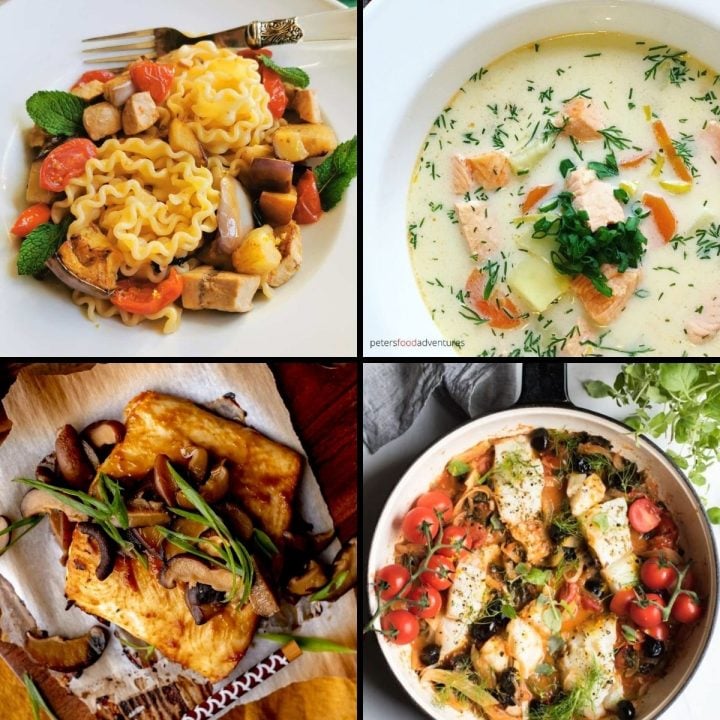 A collage of 4 international fish recipes.