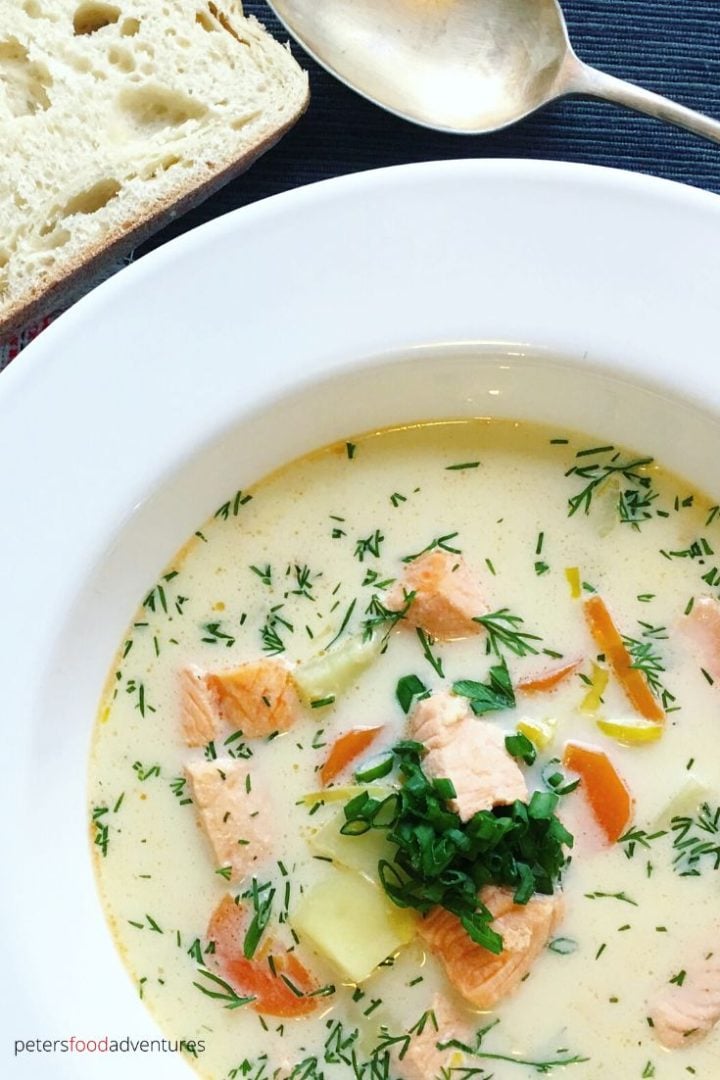 Finnish salmon soup in a white ceramic bowl.