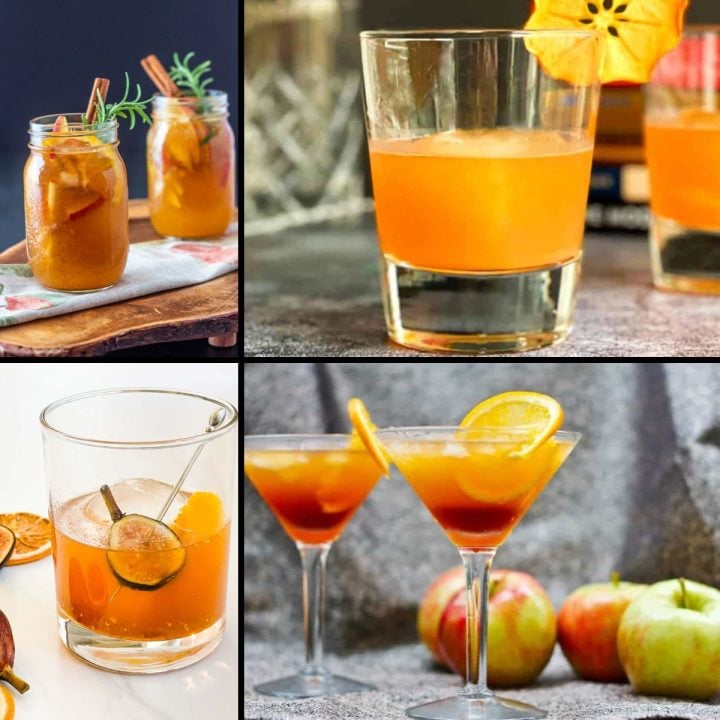 A collage of fall bourbon cocktails that include pumpkin, fig, apple, and persimmon.