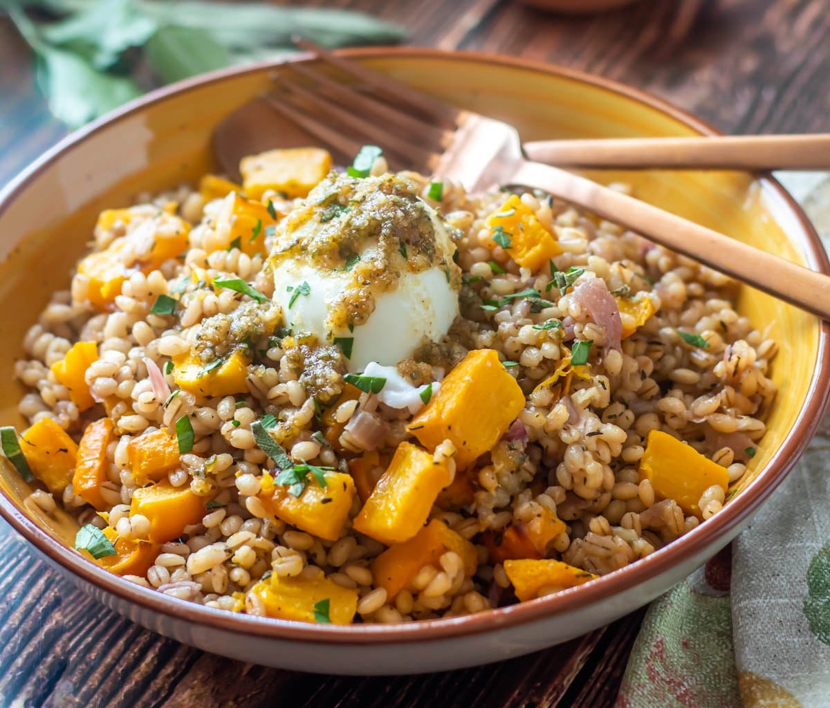 A close up of pumpkin barley risotto with a poached egg and copper flatware.