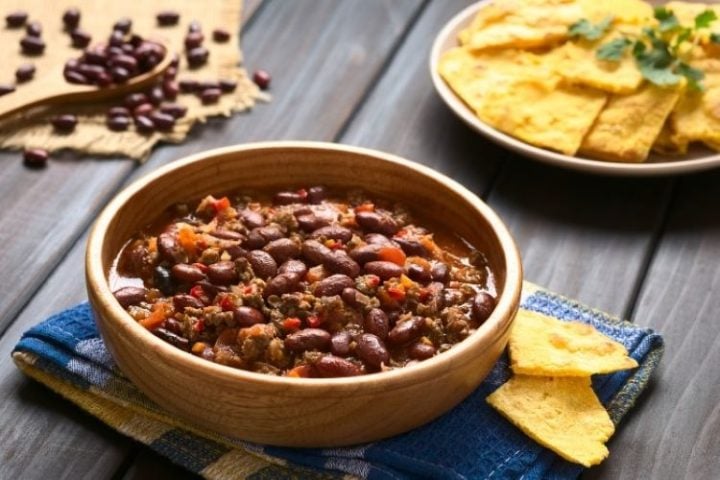 A bowl of healthy, hearty bison chili with blackbeans.